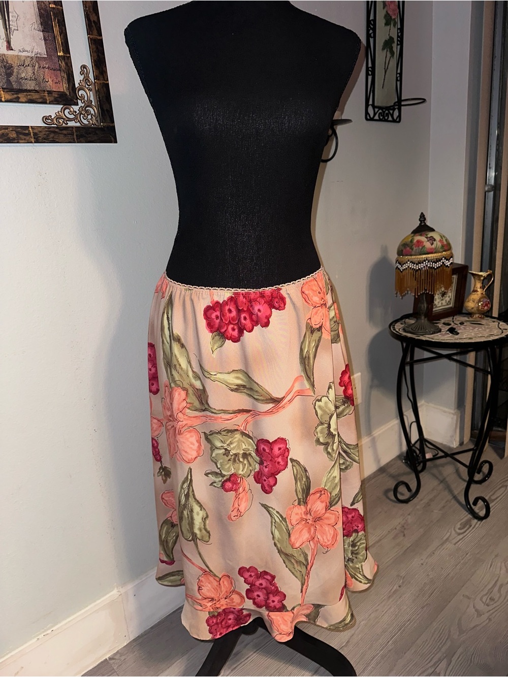 Vintage Dressbarn Floral A-line Midi Skirt, Elastic Waist, Beige Pink Green, 14W